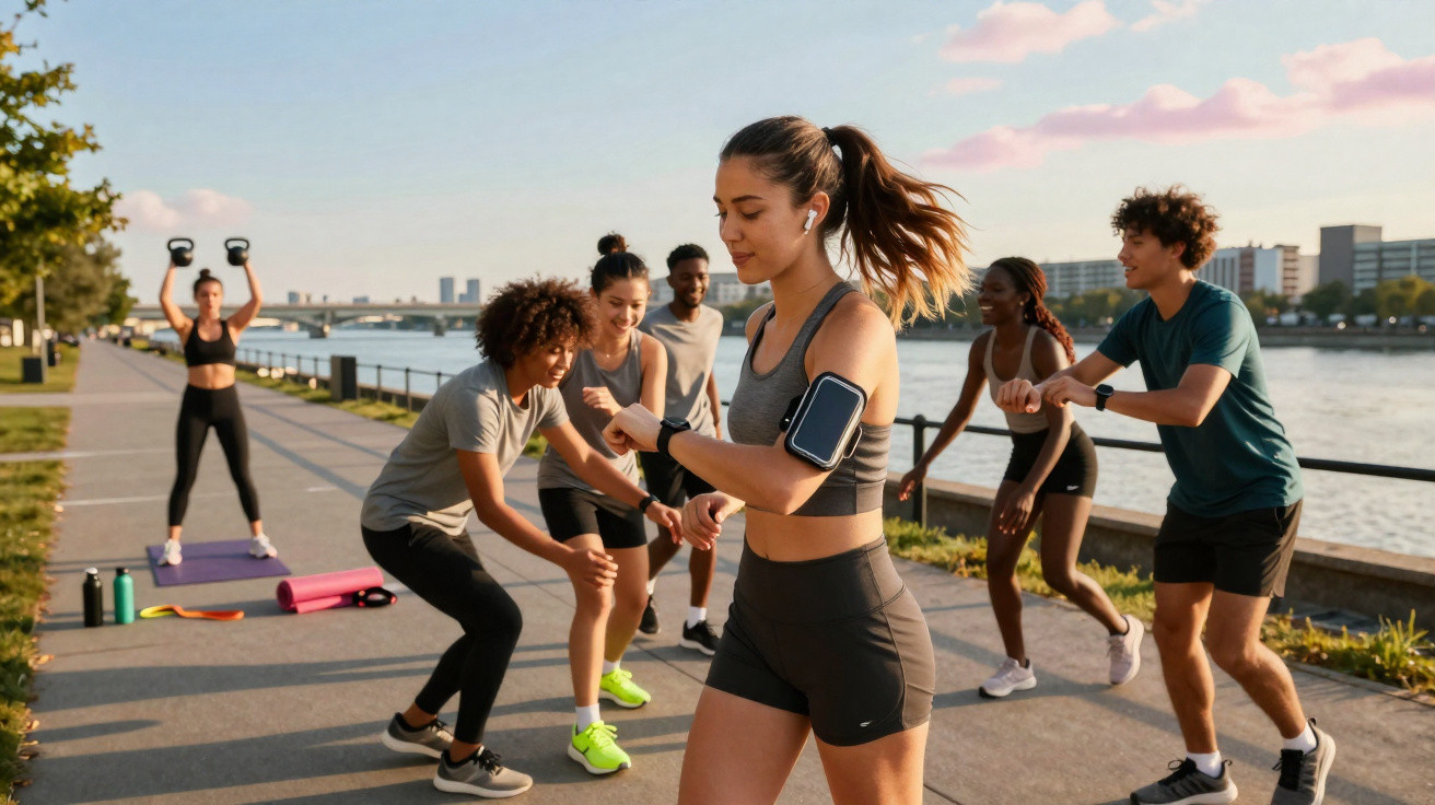 Grupo de jovens a praticar exercício ao ar livre junto a um rio numa manhã ensolarada na cidade.