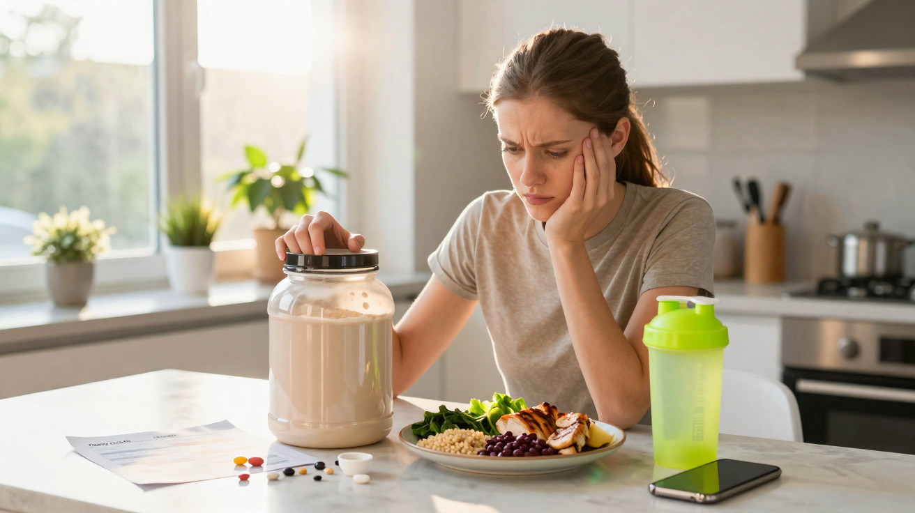 Jovem mulher com expressão preocupada a olhar para refeições e suplementos proteicos na cozinha moderna.