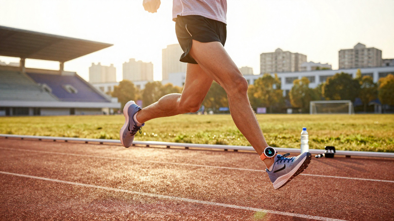 Pessoa com relógio inteligente atenta à corrida numa pista de atletismo ao pôr do sol.