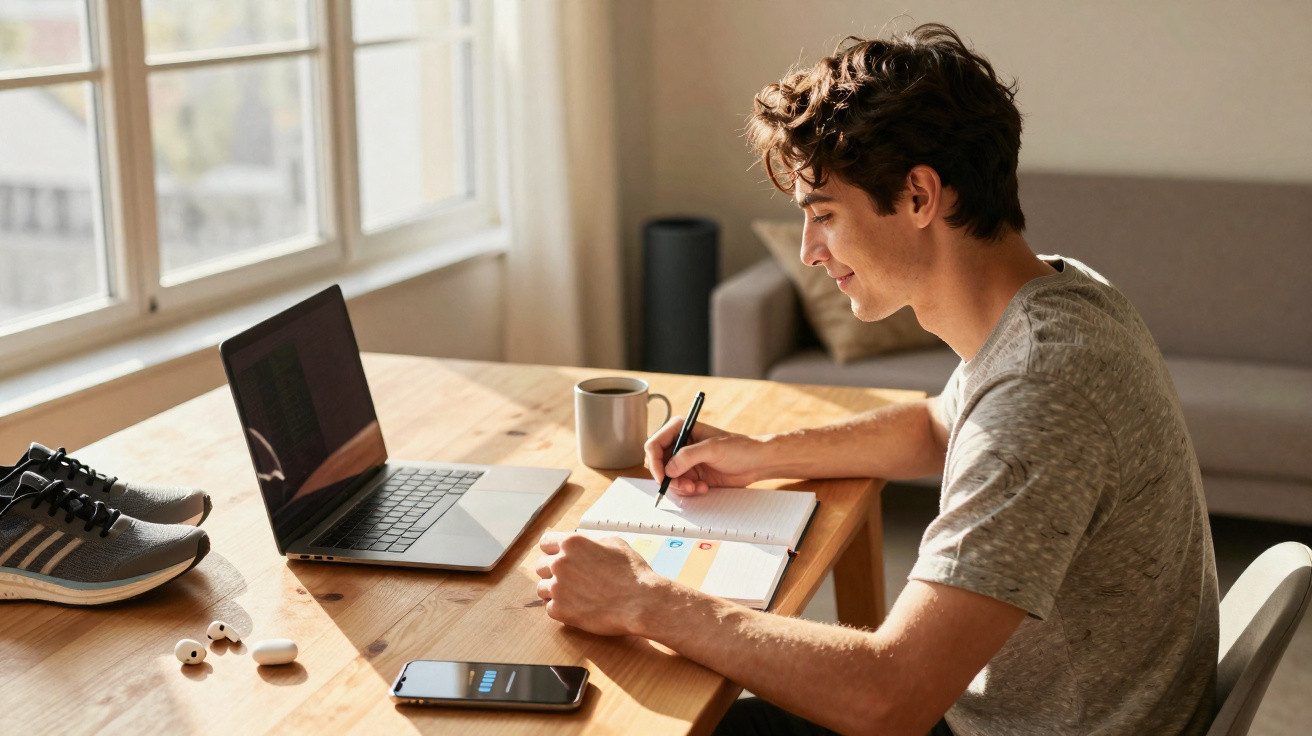 Homem sentado a escrever num caderno enquanto está ao computador numa mesa de madeira junto a uma janela.