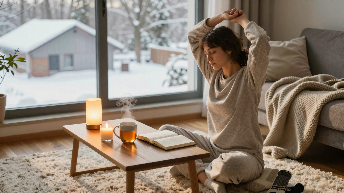 Mulher sentada no chão a ler um livro, com chá e velas numa mesa, numa sala acolhedora com janela para a neve.
