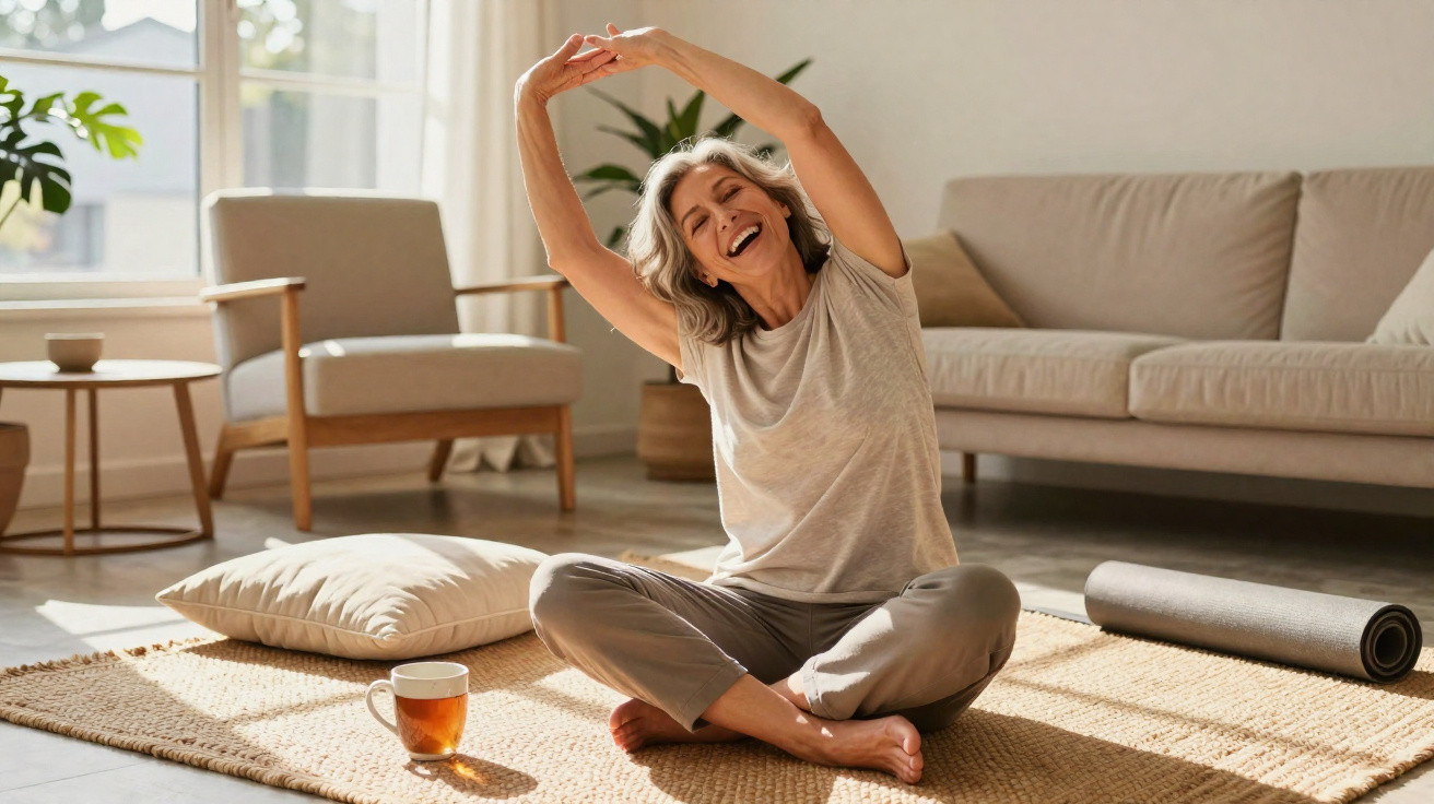 Mulher sénior a alongar-se sentada no tapete da sala, sorrindo rodeada de móveis modernos e plantas.