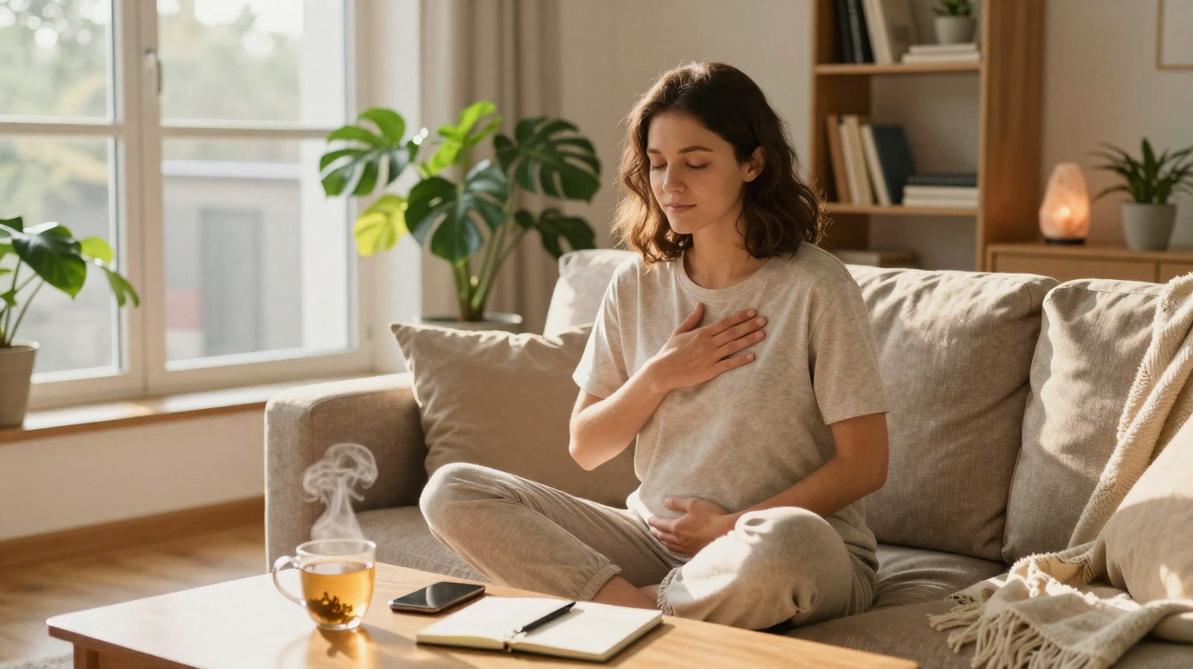 Mulher sentada no sofá em posição de meditação com mãos no peito e no abdómen, chá e caderno à frente.