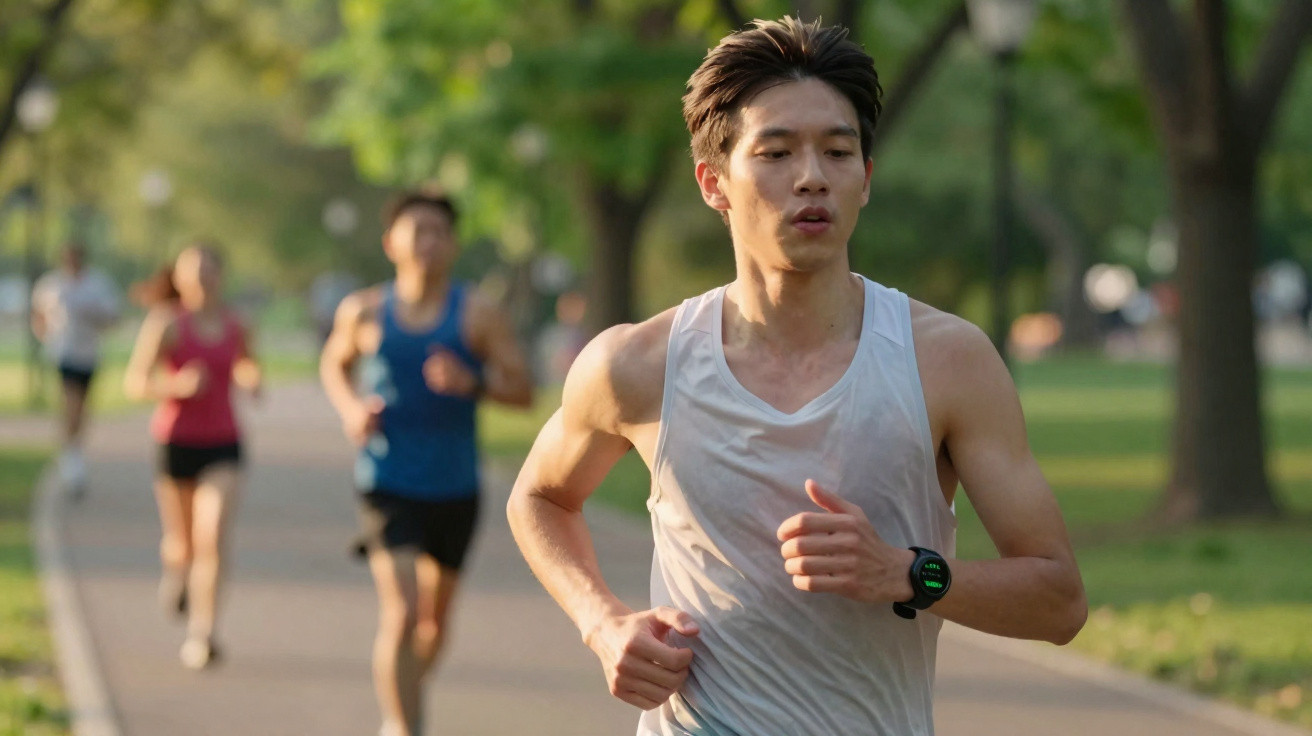 Jovem a correr num parque durante o dia, com várias pessoas a correr ao fundo.