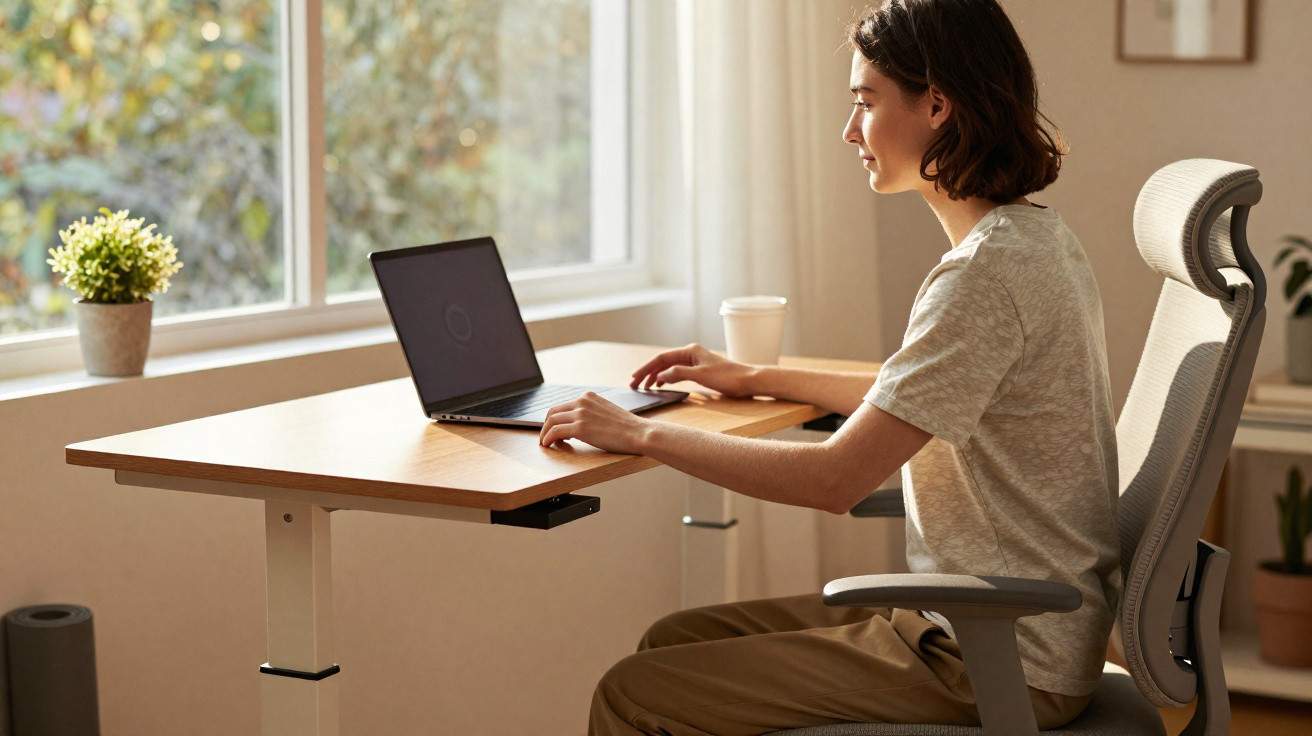 Jovem sentado numa cadeira ergonómica a trabalhar num portátil junto a uma janela iluminada com plantas na margem.