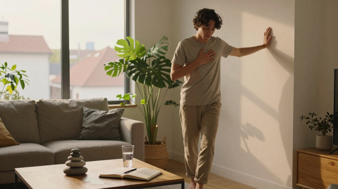 Homem jovem apoia-se na parede e segura o peito, aparentando dor, numa sala com sofá, plantas e mesa de madeira.