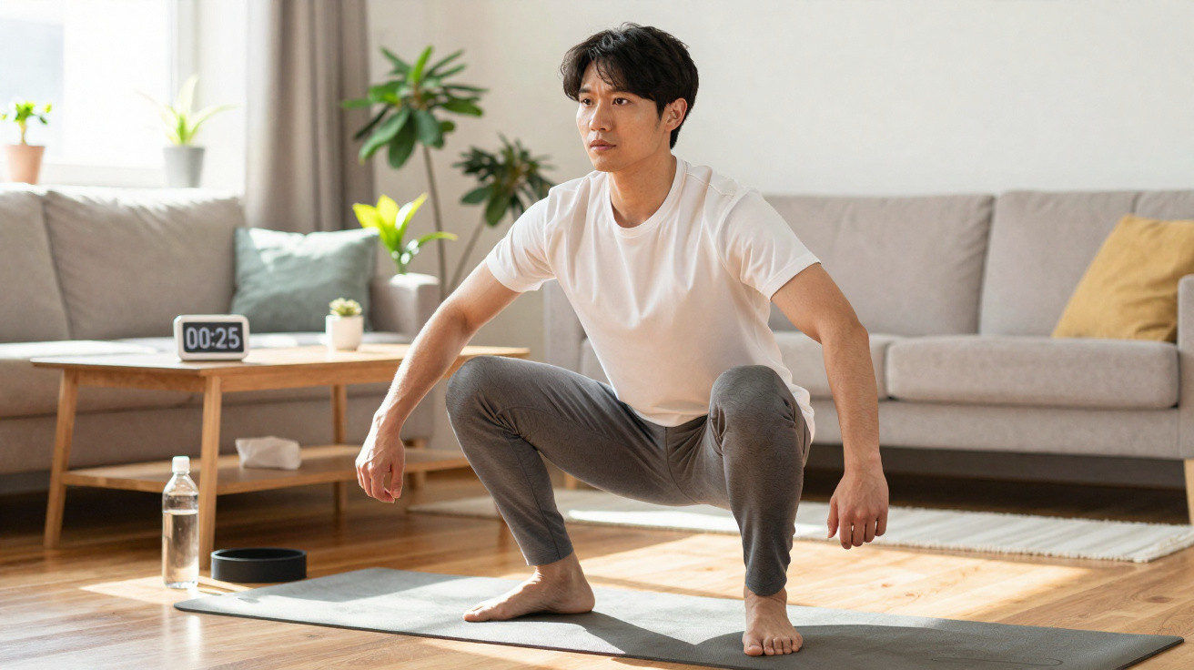 Mulher a fazer agachamento em tapete de yoga na sala de estar iluminada e com decoração simples.