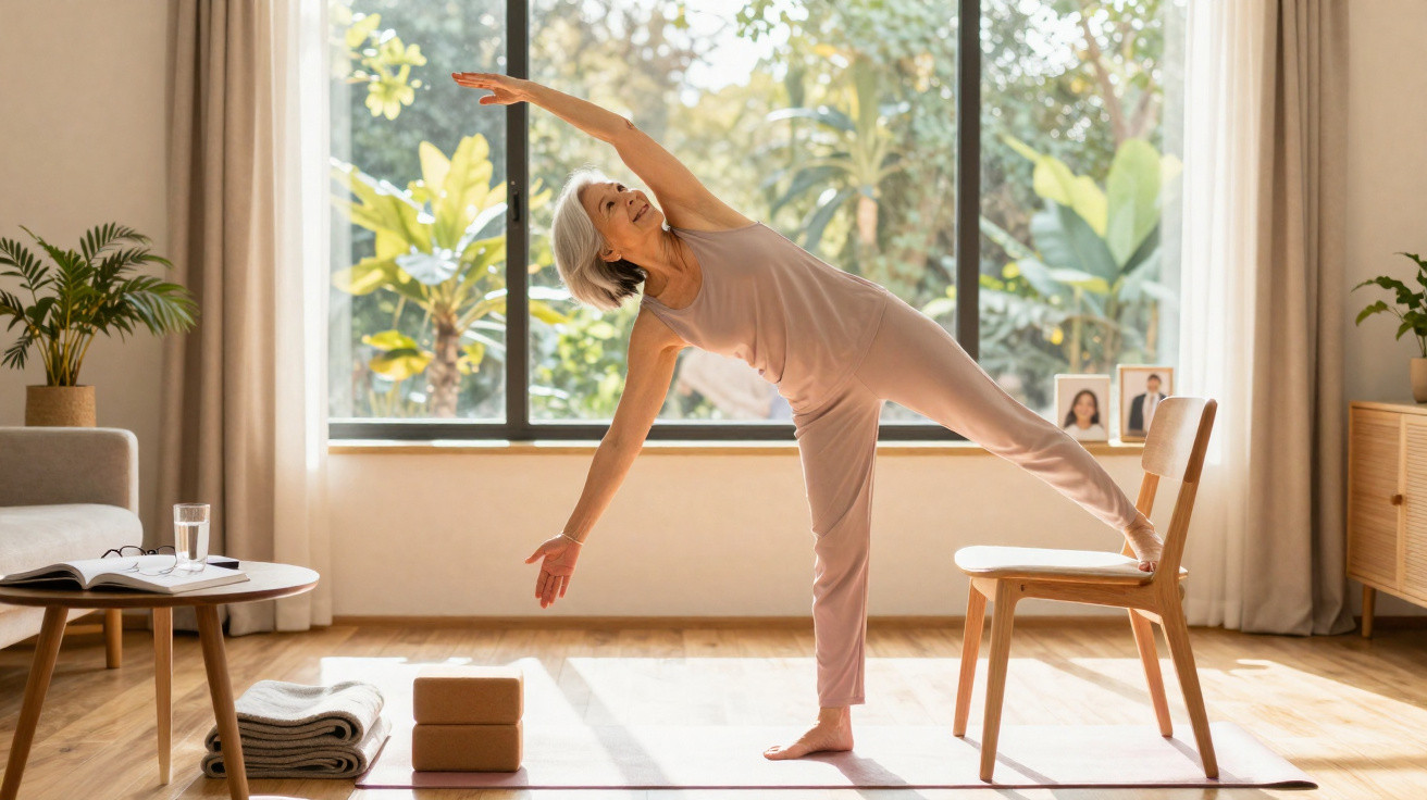 Mulher idosa a fazer exercício de ioga em casa, usando cadeira e bloco para apoio, em ambiente iluminado.