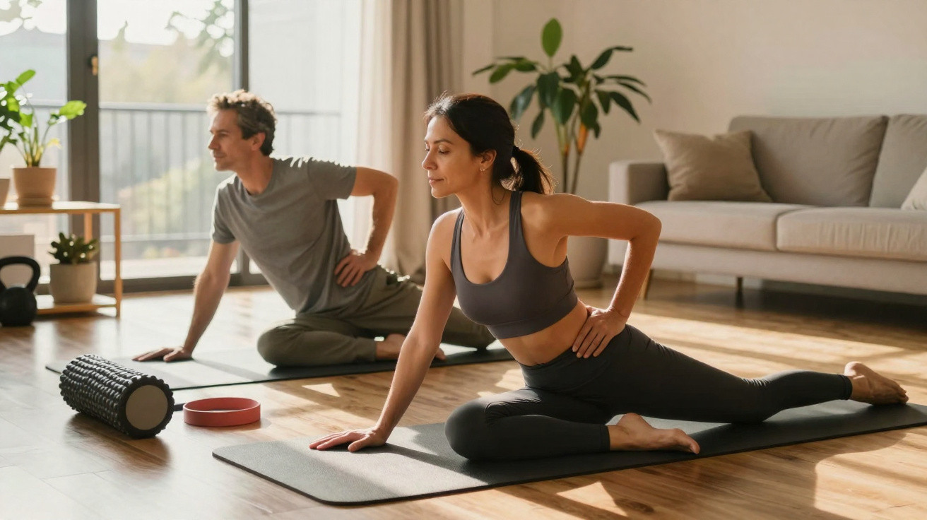 Casal a fazer alongamentos num tapete de yoga numa sala iluminada, com equipamentos de exercício ao fundo.