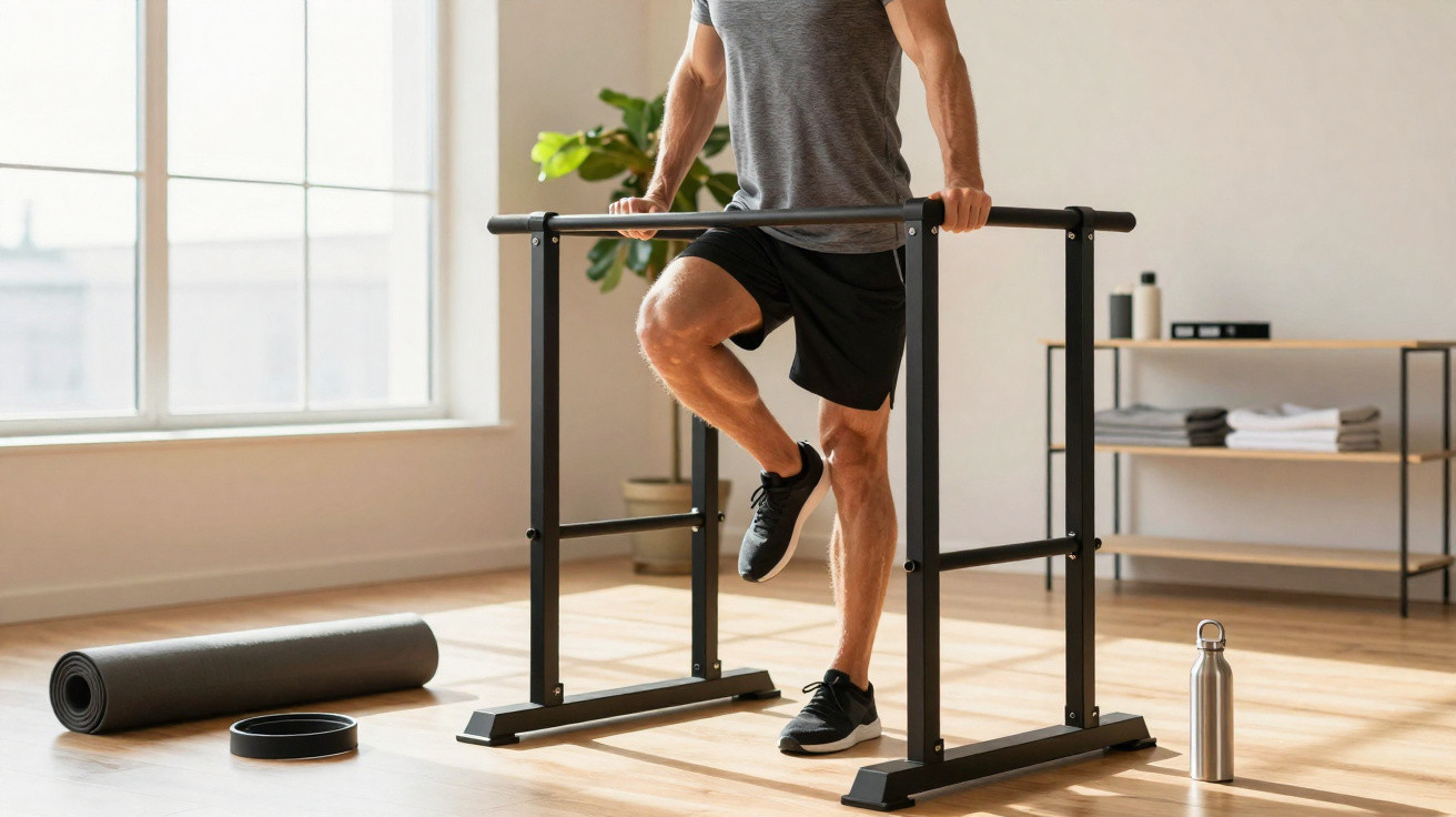 Homem a fazer exercício com barras paralelas numa sala com luz natural e equipamento de treino.
