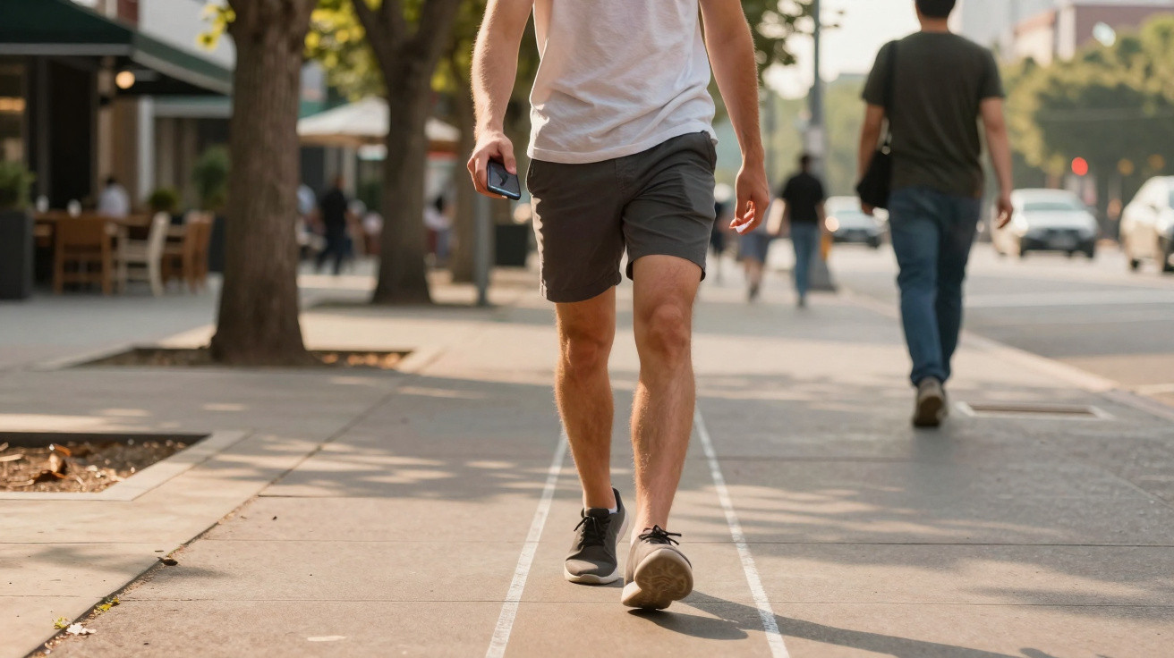 Homem vestido casualmente a caminhar numa passadeira marcada numa rua com árvores e pessoas ao fundo.