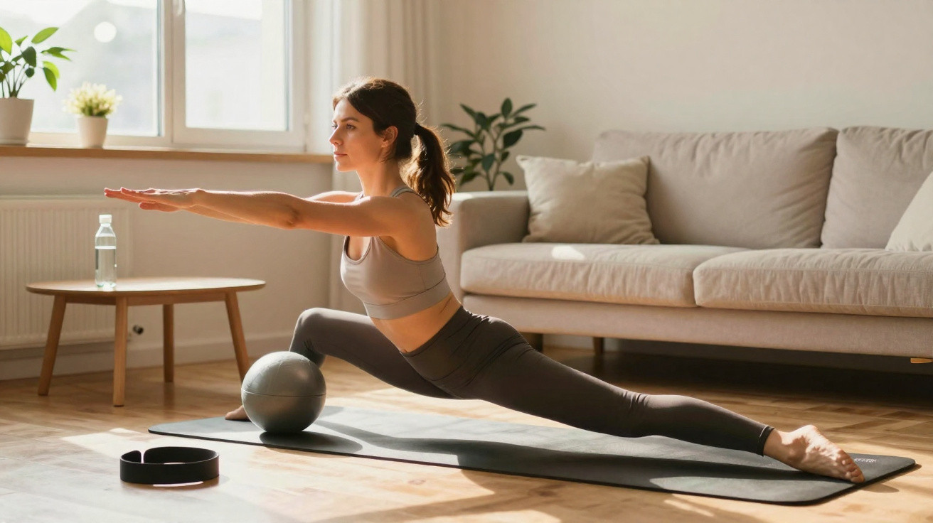 Mulher a fazer exercício de Pilates sentada no tapete numa sala iluminada e confortável.