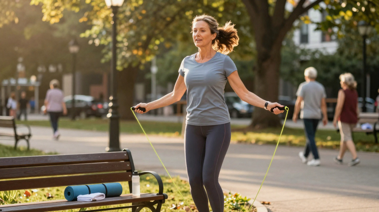 Mulher a saltar à corda num parque, com toalha, garrafa e tapete de yoga num banco ao lado.