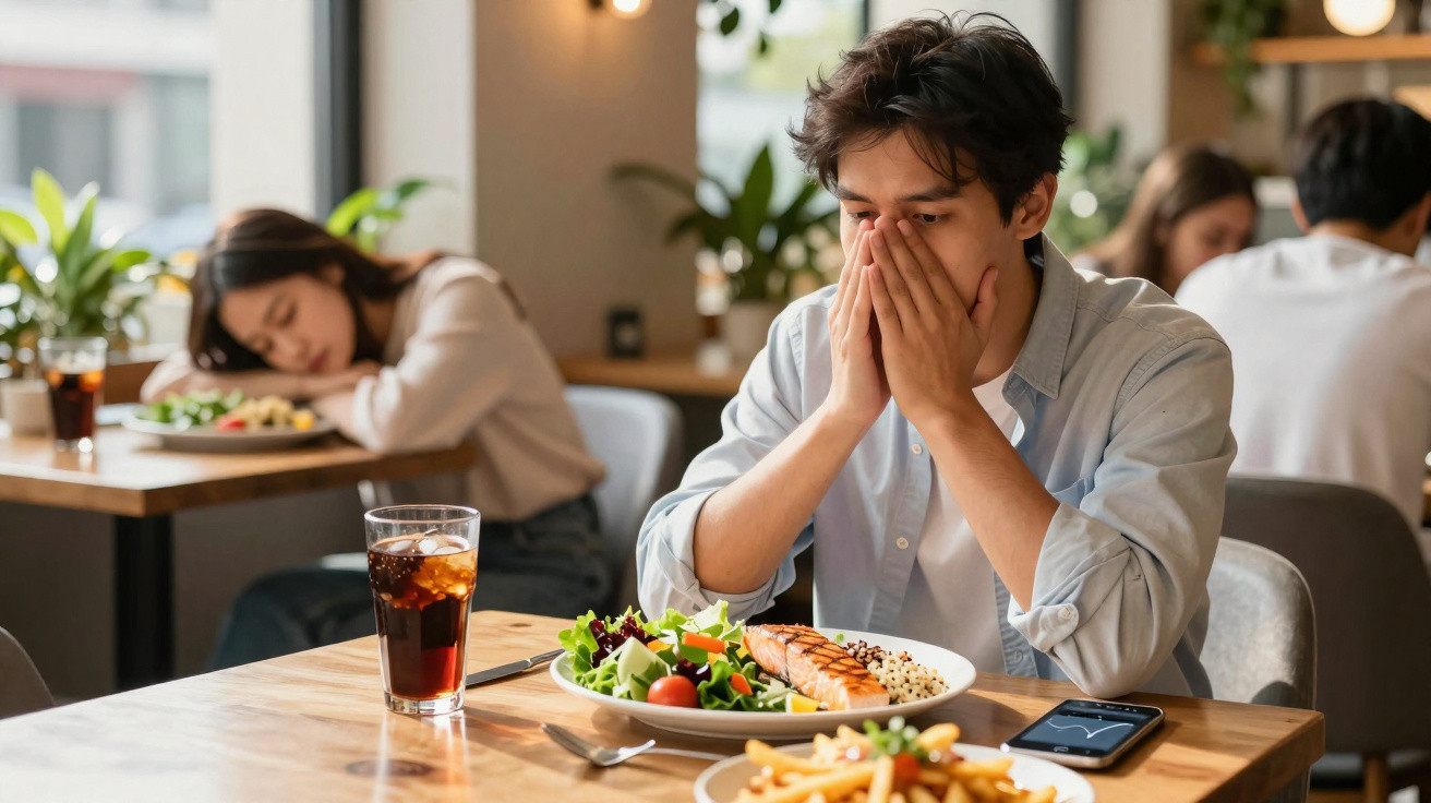 Homem com as mãos no rosto sentado à mesa com salmão e salada, bebida e telemóvel, outro homem adormecido ao fundo.