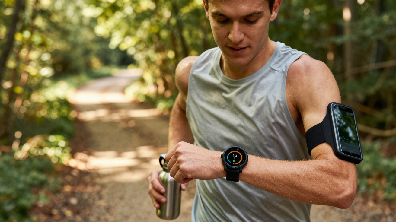 Homem a correr numa floresta, a olhar para o relógio inteligente no pulso, segurando uma garrafa metálica.