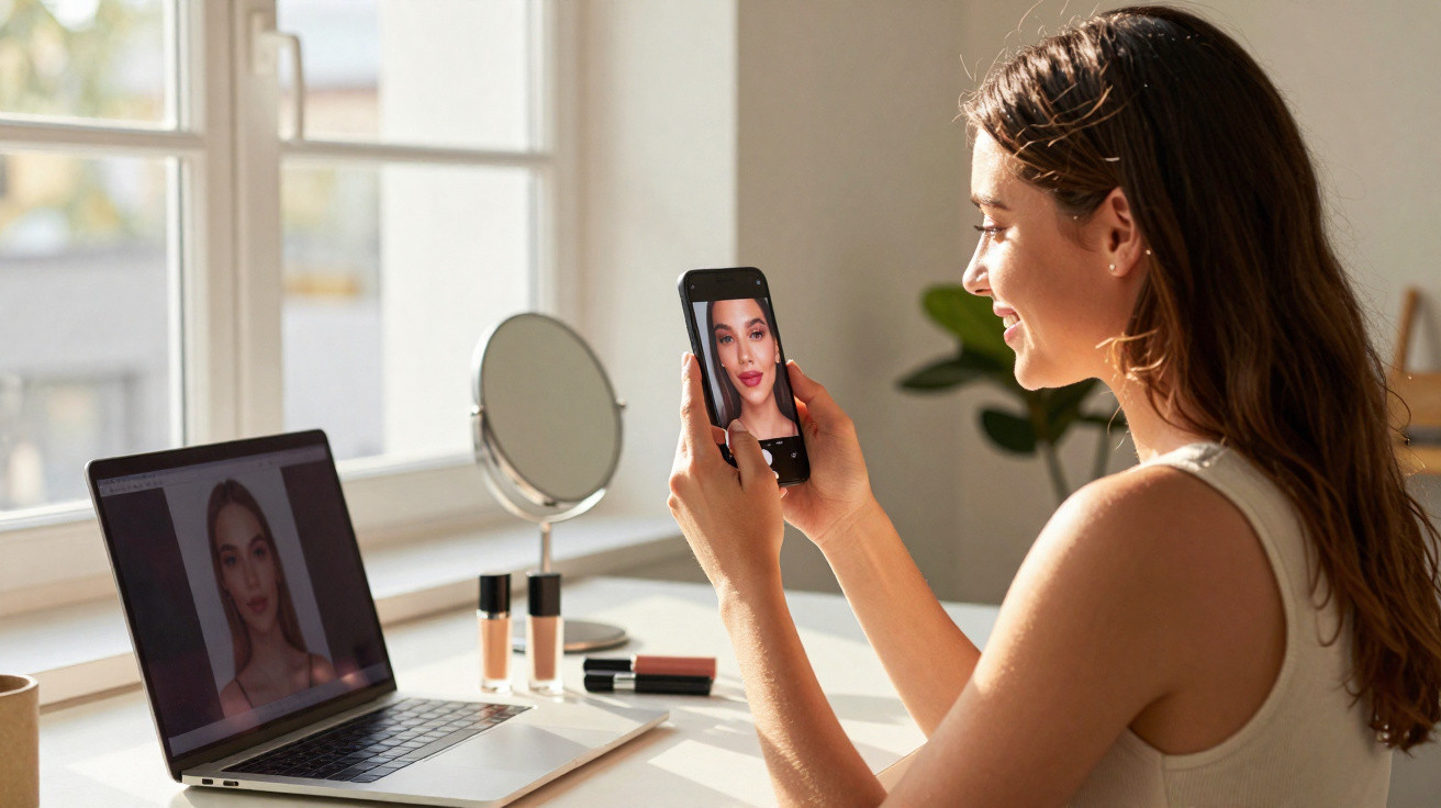 Mulher a tirar selfie com smartphone, computador com edição de rosto, maquilhagem na secretária, luz natural.