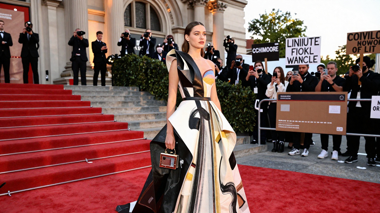 Mulher elegante com vestido artístico colorido posa na passadeira vermelha em evento formal ao ar livre.