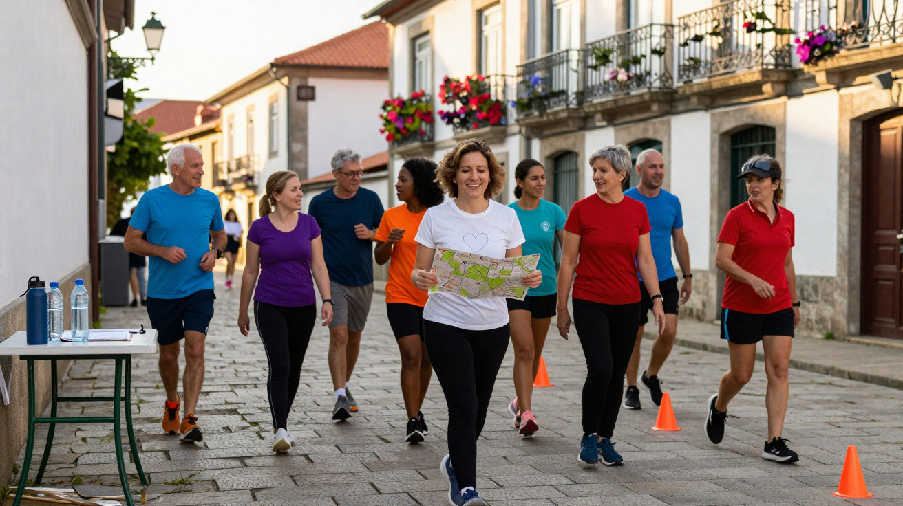 Grupo de pessoas de várias idades a caminhar e correr numa rua de pedra com prédios antigos ao fundo.