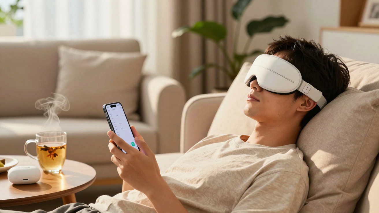 Mulher relaxa no sofá com máscara de descanso nos olhos e controla dispositivo pelo telemóvel.