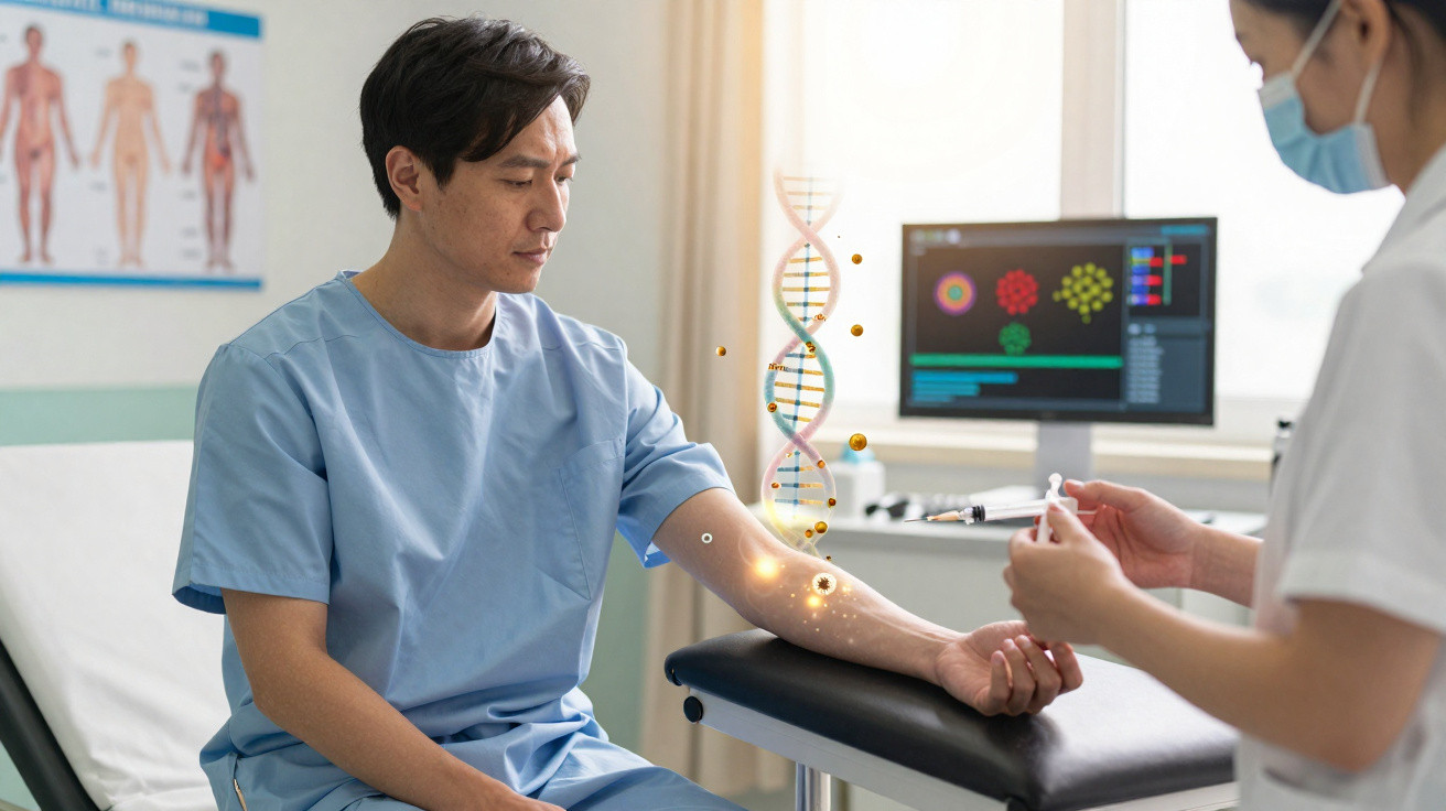 Paciente a receber injeção no braço de profissional de saúde com ilustração de DNA em clínica médica.