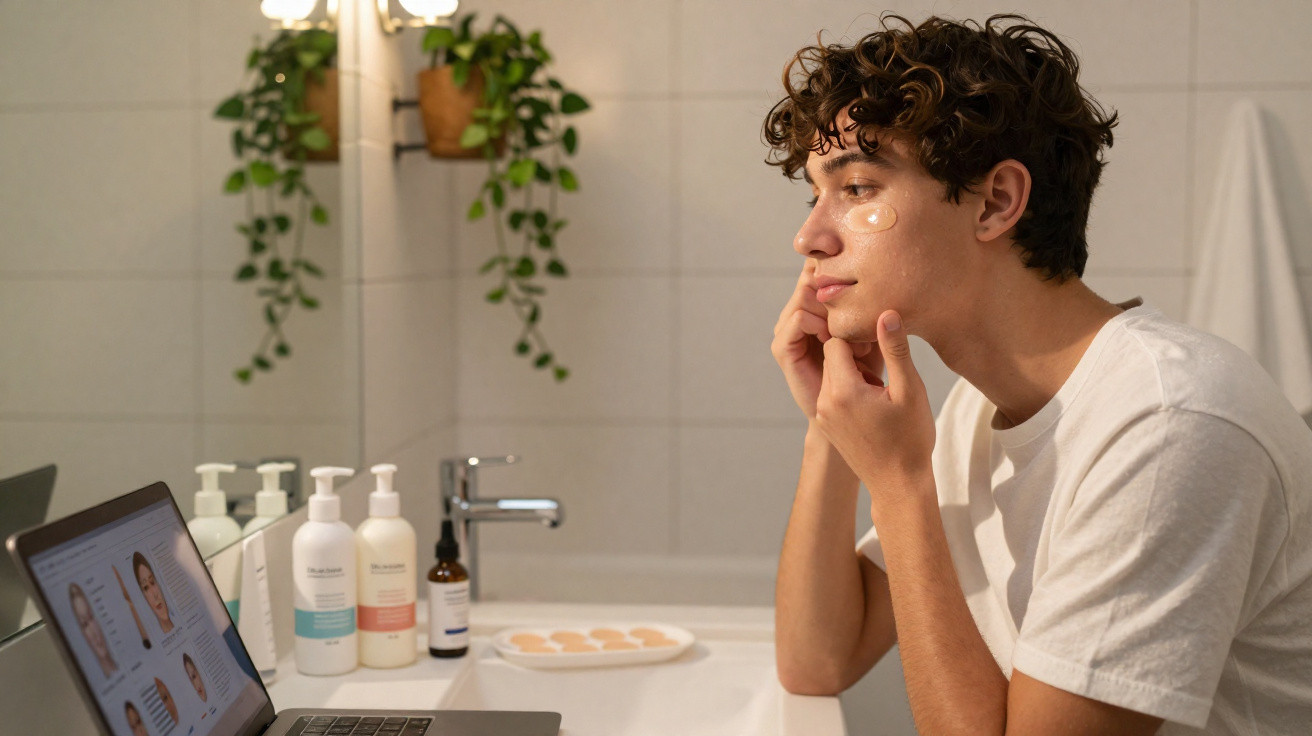 Jovem a aplicar creme no rosto à frente do espelho, com laptop aberto no lavabo.