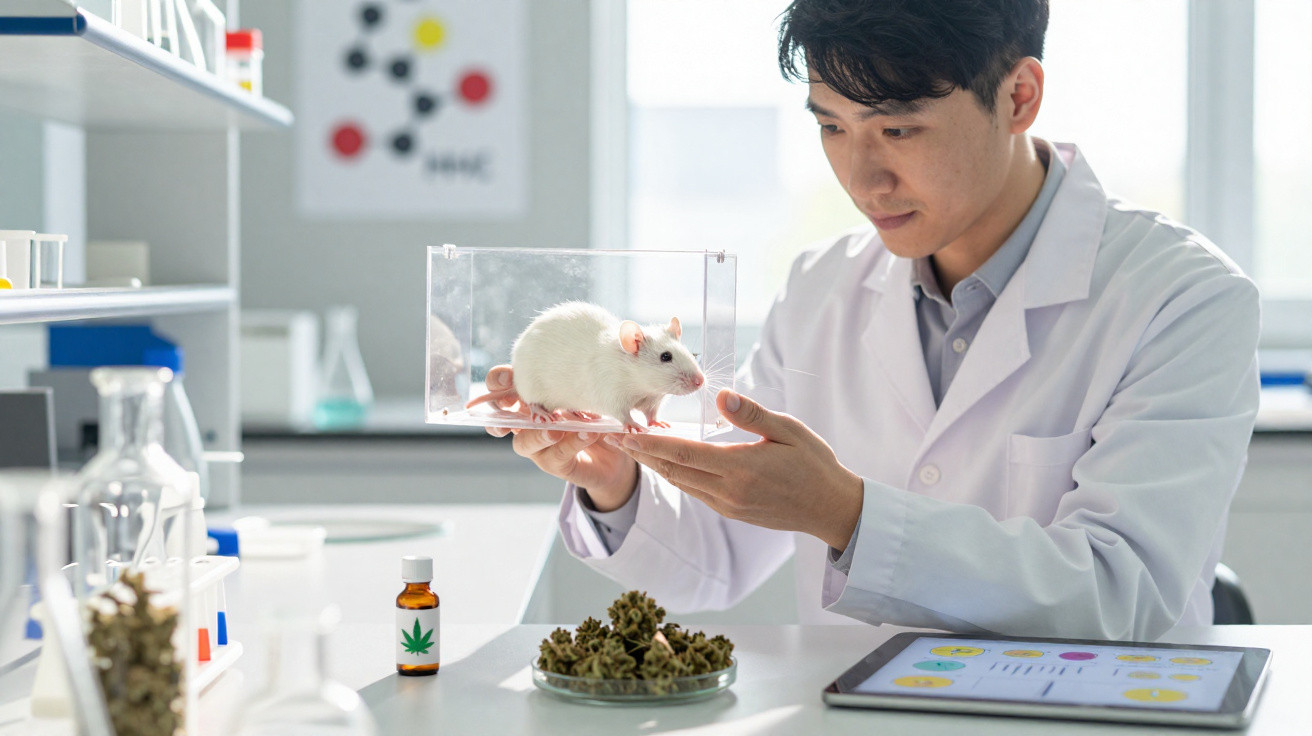 Cientista em laboratório a segurar um rato branco, com planta de cannabis e frascos na mesa.