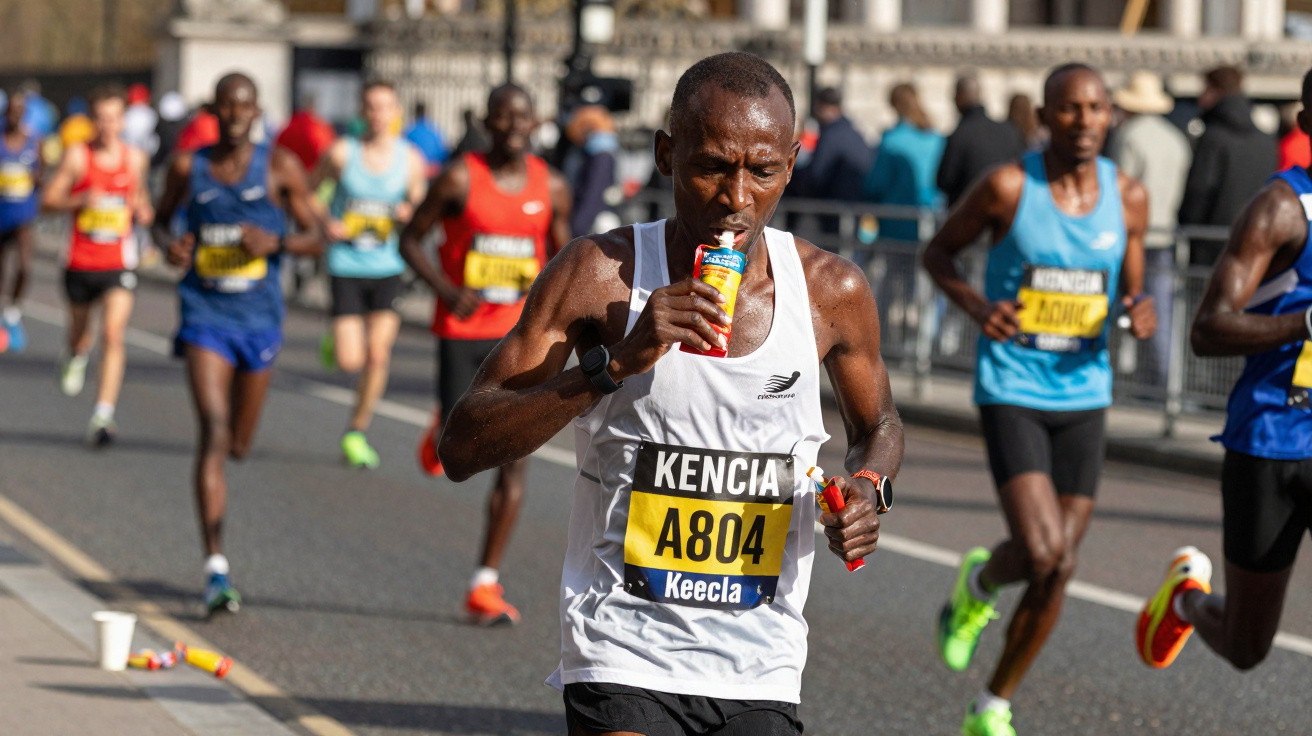 Atleta queniano a correr e a beber gel energético durante corrida de rua com outros corredores ao fundo.