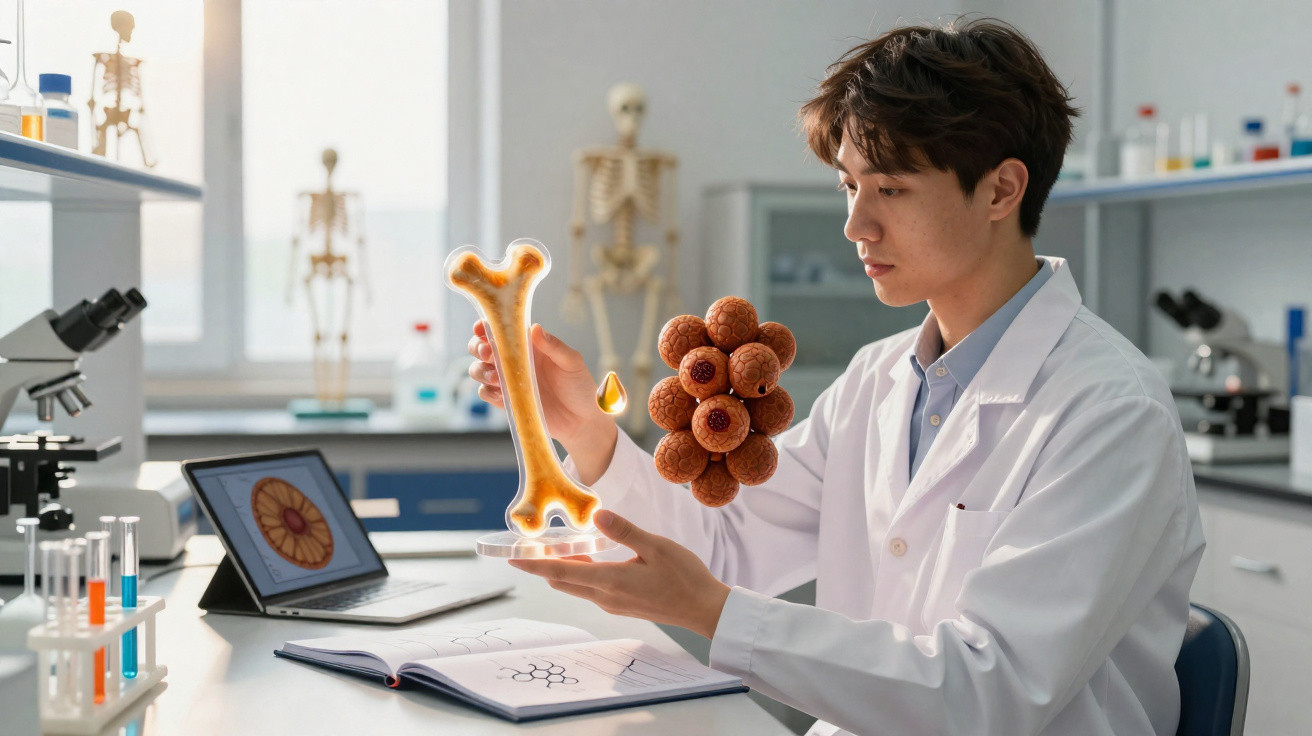 Cientista em laboratório analisa modelo 3D de célula e osso enquanto estuda dados no computador.