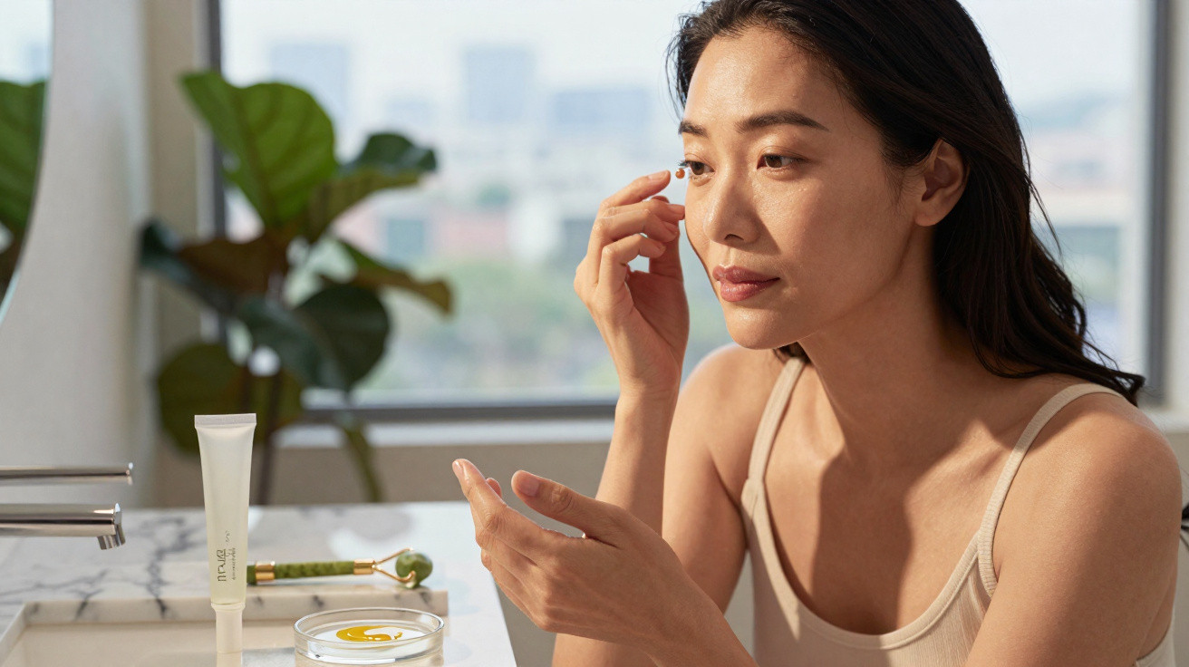 Mulher aplica creme de rosto num ambiente luminoso com produtos de skincare numa bancada.