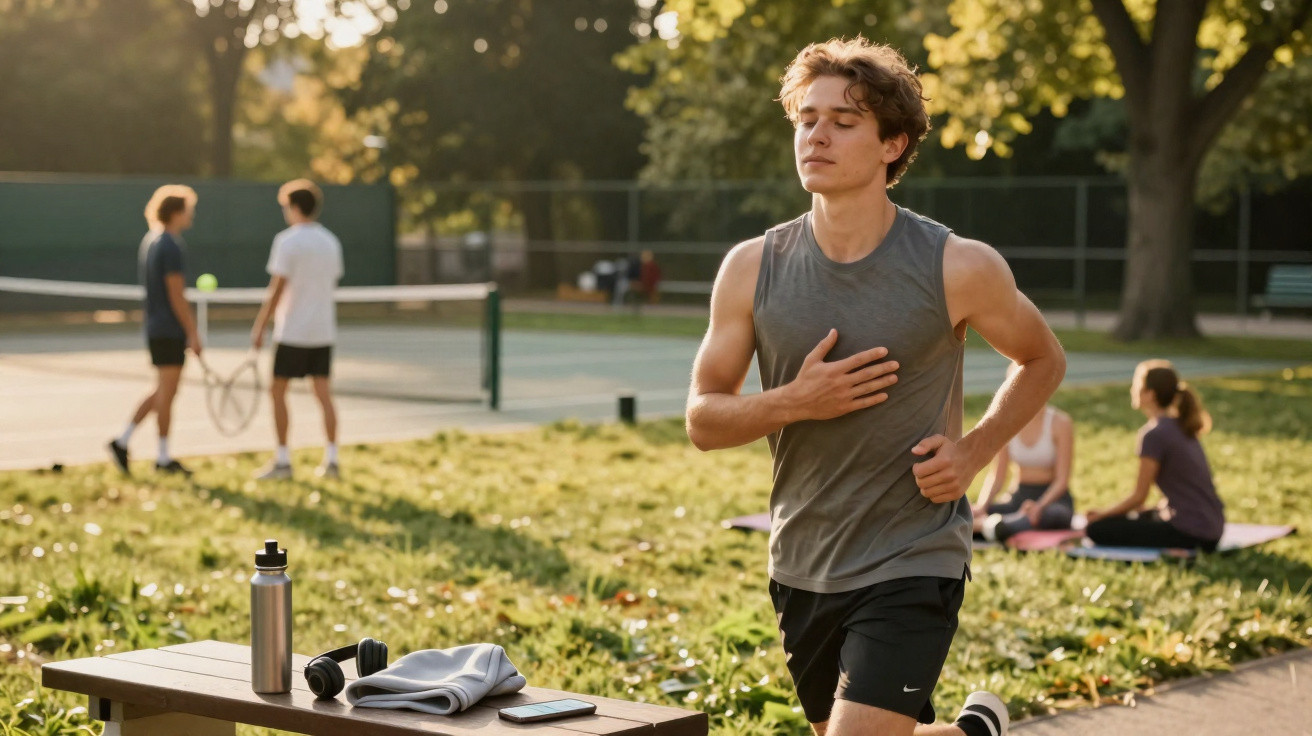 Jovem a correr num parque ao final da tarde com pessoas a jogar ténis e outras sentadas na relva.