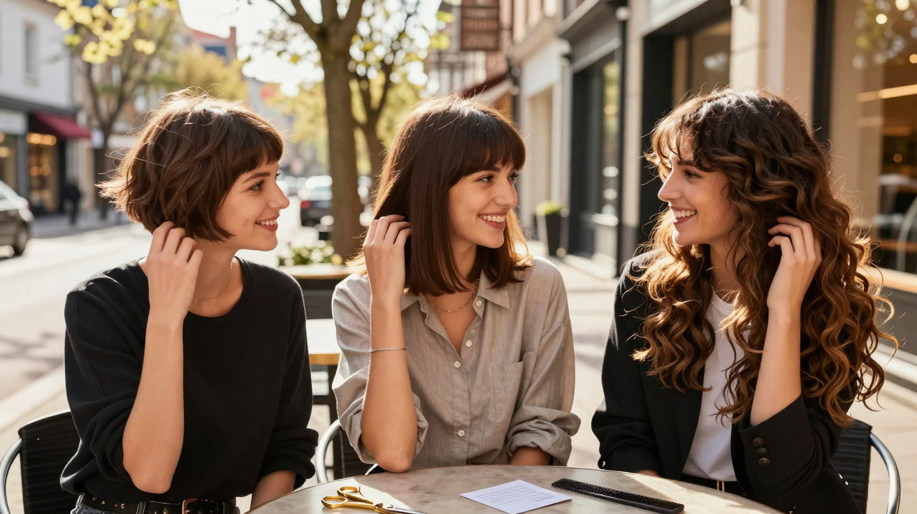Três mulheres sentadas numa mesa ao ar livre, sorrindo e conversando numa rua urbana iluminada pelo sol.