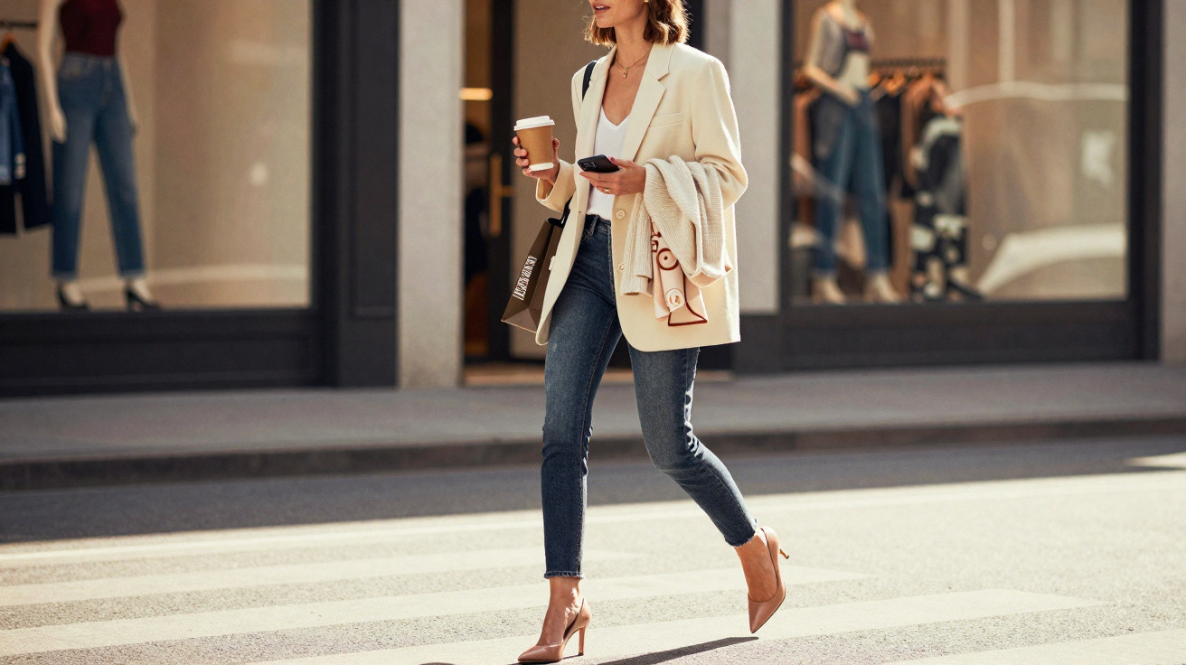 Mulher vestida casual com blazer bege, jeans e saltos médios a atravessar a rua com café e telemóvel na mão.