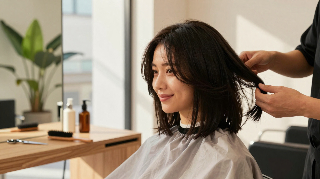 Mulher sorridente sentada num cabeleireiro enquanto profissional penteia o seu cabelo castanho escuro.