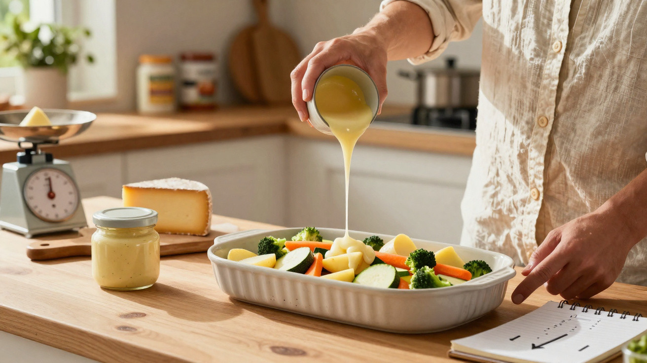 Pessoa a deitar molho cremoso sobre legumes numa travessa, com queijo e caderno de receitas na bancada.
