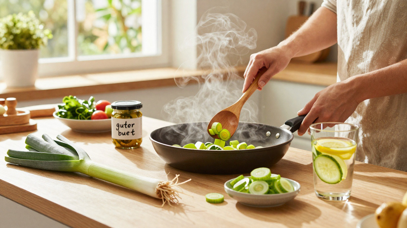 Pessoa a cozinhar alho-francês numa frigideira com vapor, com legumes e bebida ao lado numa cozinha luminosa.