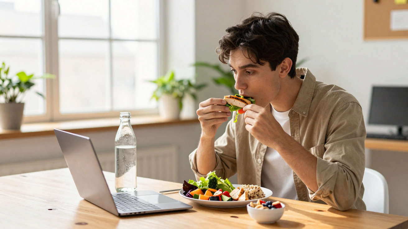 Homem a comer refeição saudável com salada e quinoa enquanto usa computador portátil numa mesa.