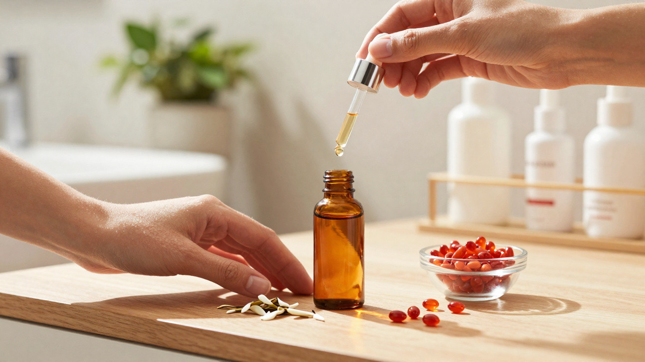 Mãos a usar conta-gotas para pôr óleo em frasco âmbar, com bagas vermelhas e garrafas de cosmética ao fundo.