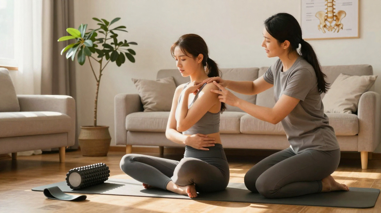 Mulher a receber orientação de alongamento da coluna e ombros durante aula de pilates em ambiente luminoso.
