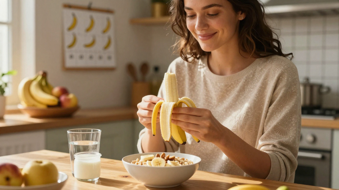 Mulher sorridente a descascar uma banana na cozinha, com iogurte, água e frutas na mesa.