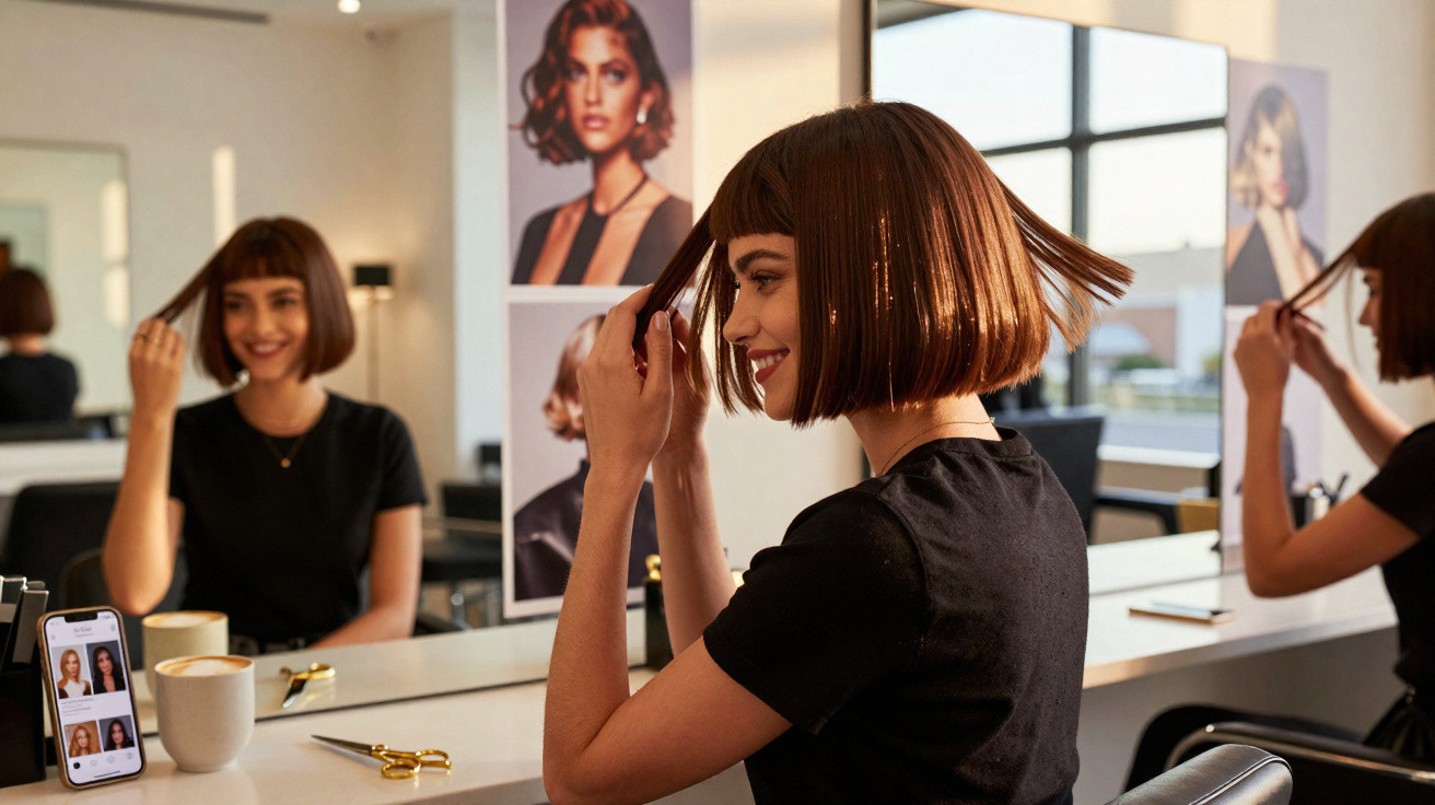 Mulher sorridente com cabelo curto a ajustar o cabelo num espelho num salão de cabeleireiro moderno.