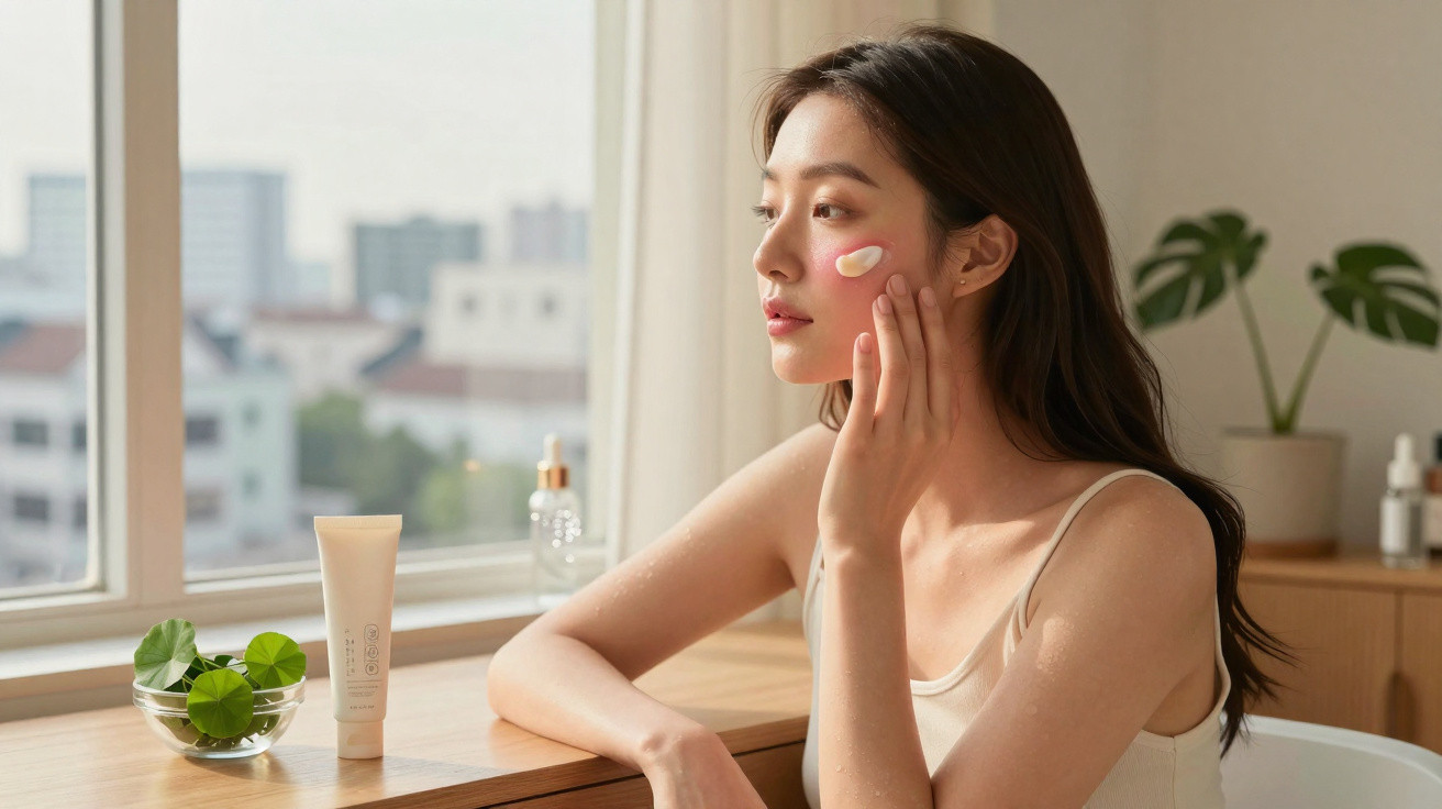 Mulher aplica creme facial junto a janela com produtos e planta num ambiente luminoso e tranquilo.