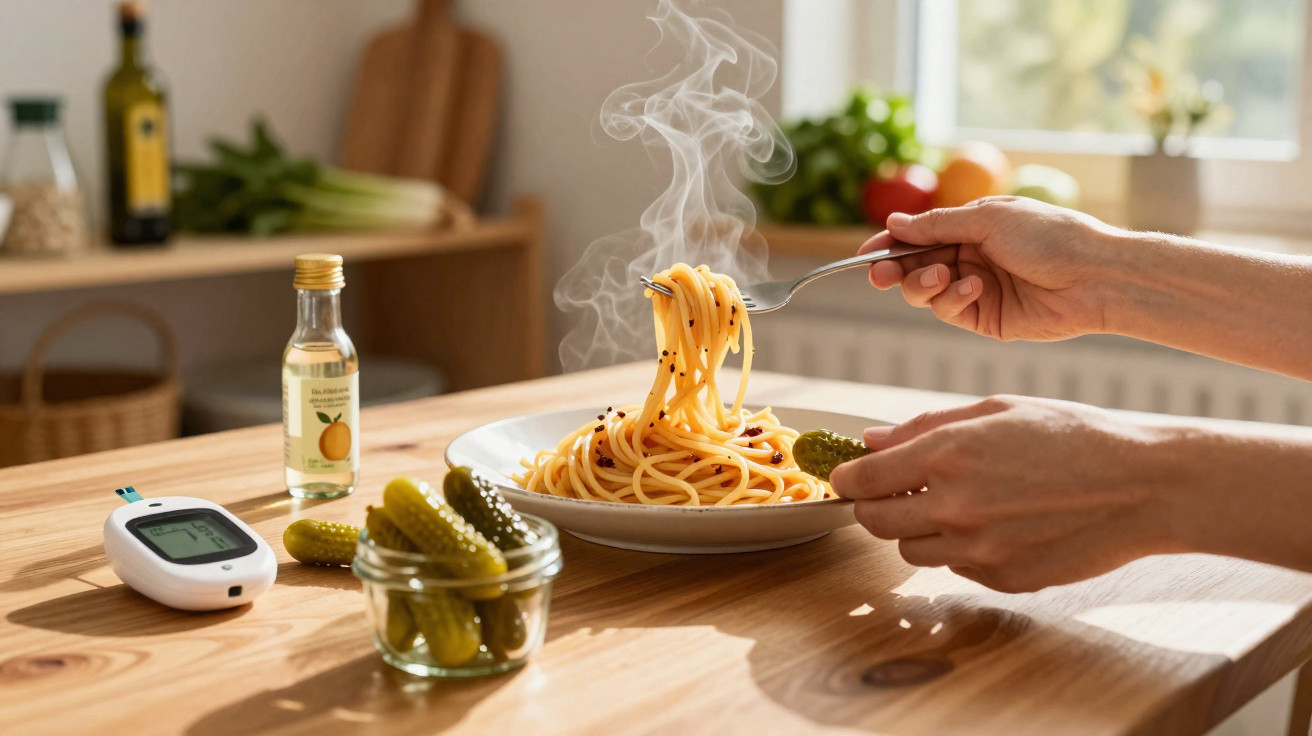 Pessoa a comer esparguete com molho de tomate, pepinos em conserva e medidor de glicose na mesa.