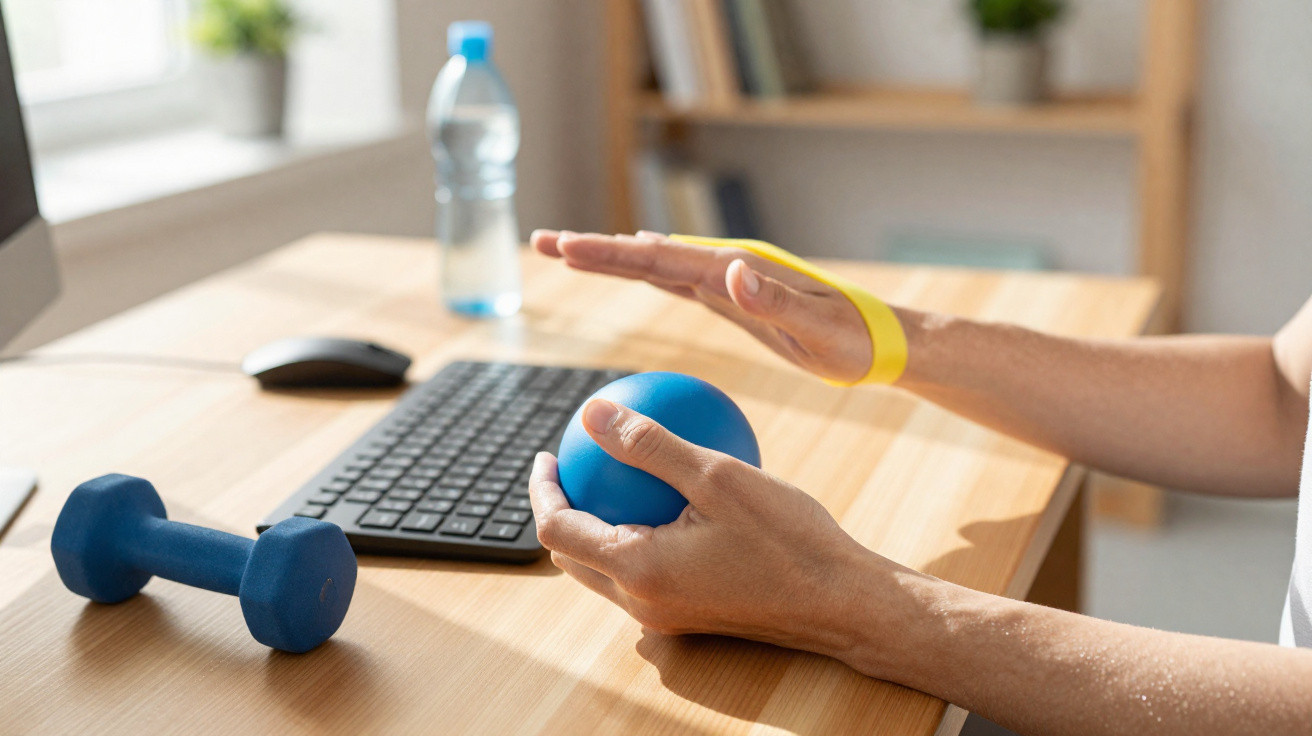 Pessoa a fazer exercícios de fisioterapia na mão com bola e elástico numa secretária de escritório.