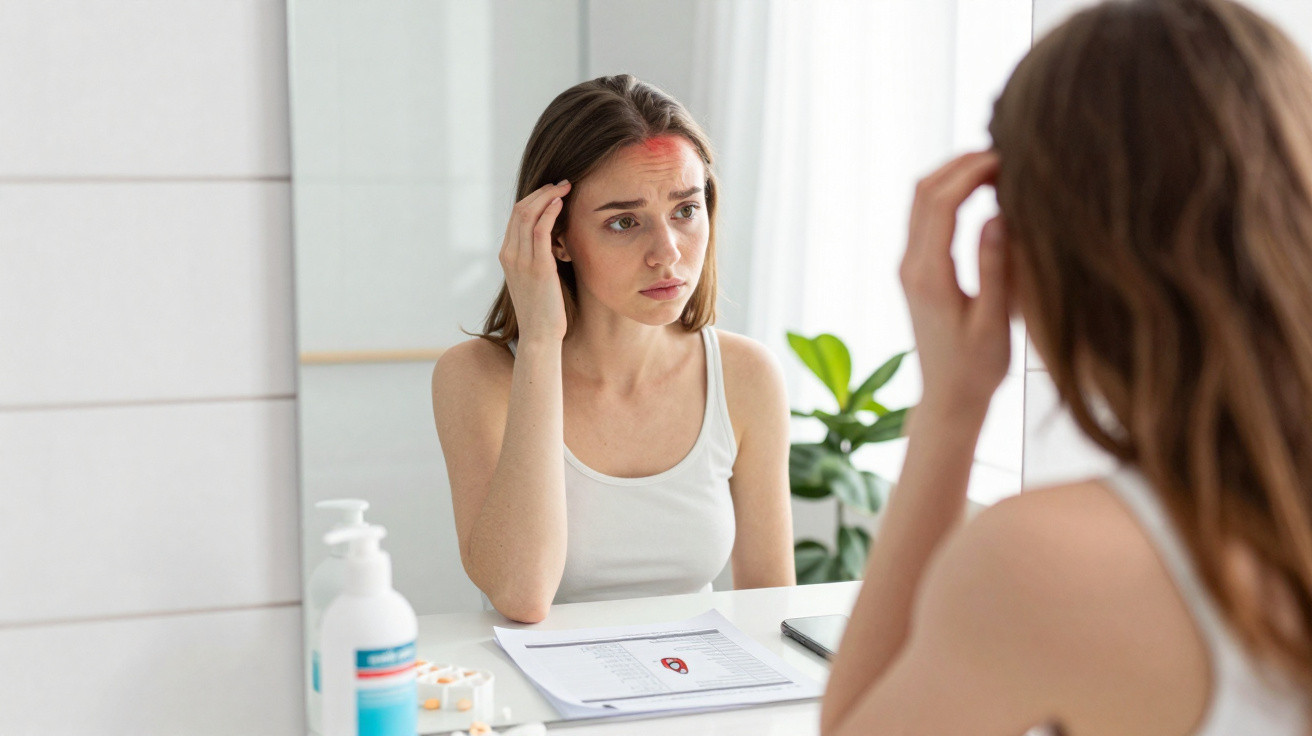 Mulher olhando-se no espelho com expressão preocupada, passando a mão pelo cabelo, em casa.