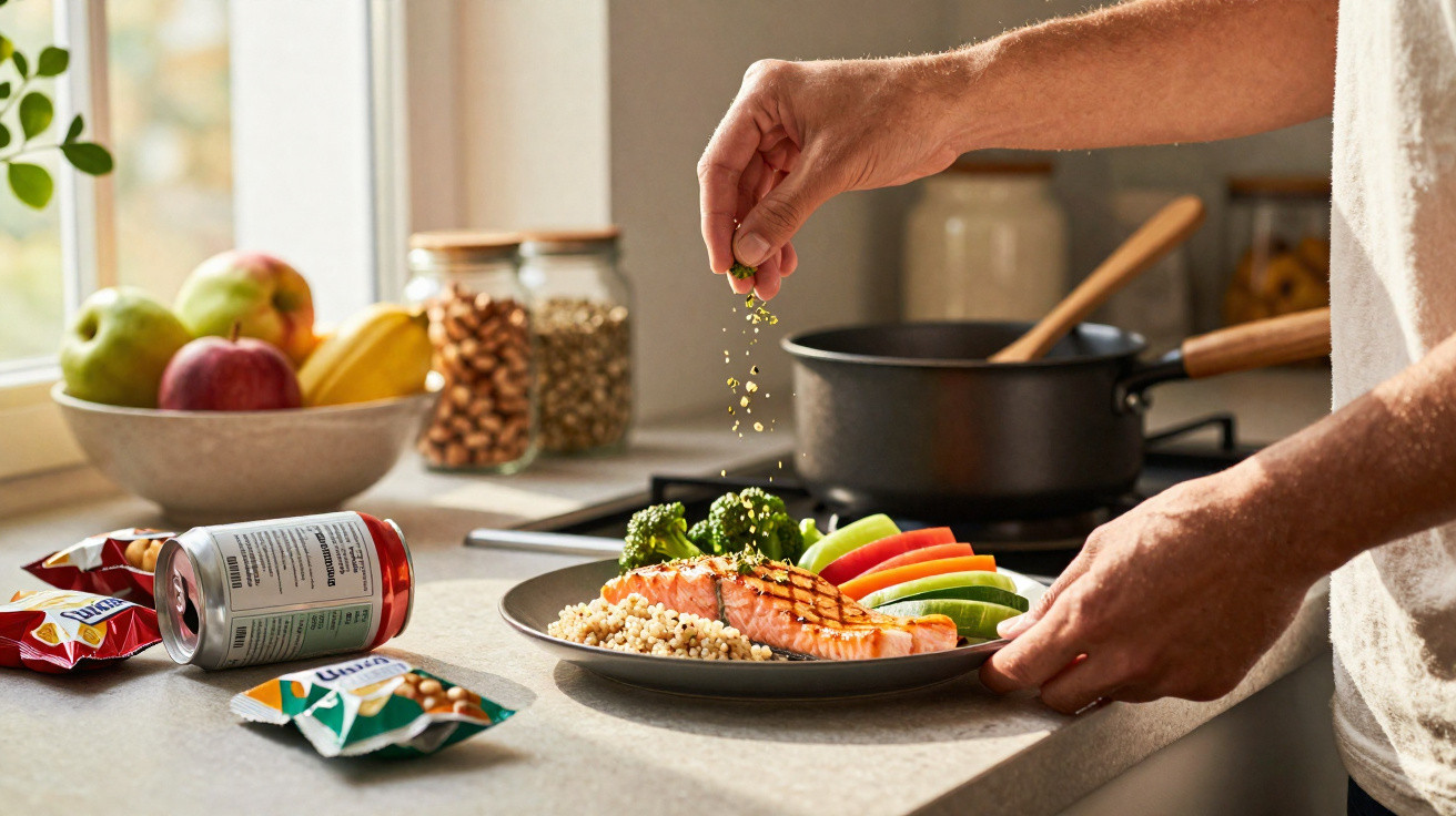Pessoa a temperar prato com salmão grelhado, legumes e cuscuz numa cozinha iluminada a luz natural.