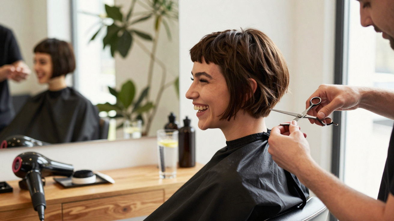 Mulher sorridente a cortar cabelo curto num salão de cabeleireiro com espelho e secador à frente.