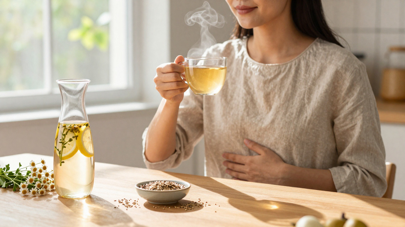 Mulher sentada a beber chá quente numa chávena transparente, com ingredientes naturais numa mesa de madeira.