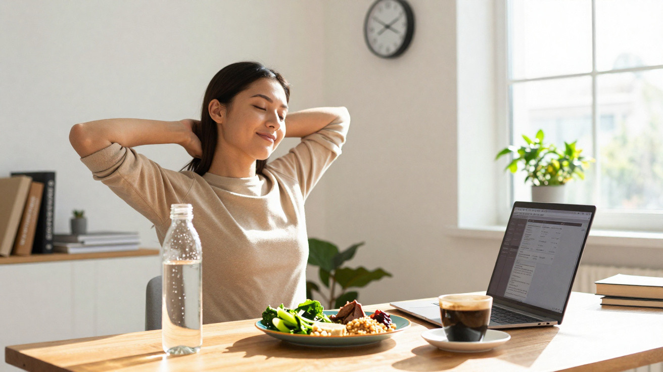 Mulher a relaxar sentada numa mesa com computador, prato de comida, garrafa de água e café em ambiente iluminado.