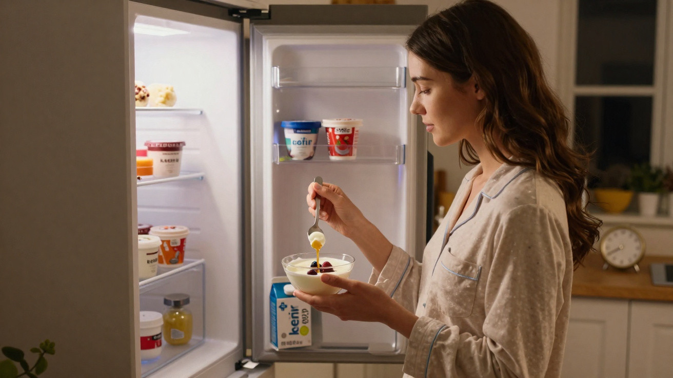 Mulher em pijama prepara taça de iogurte com frutas em frente ao frigorífico aberto à noite.