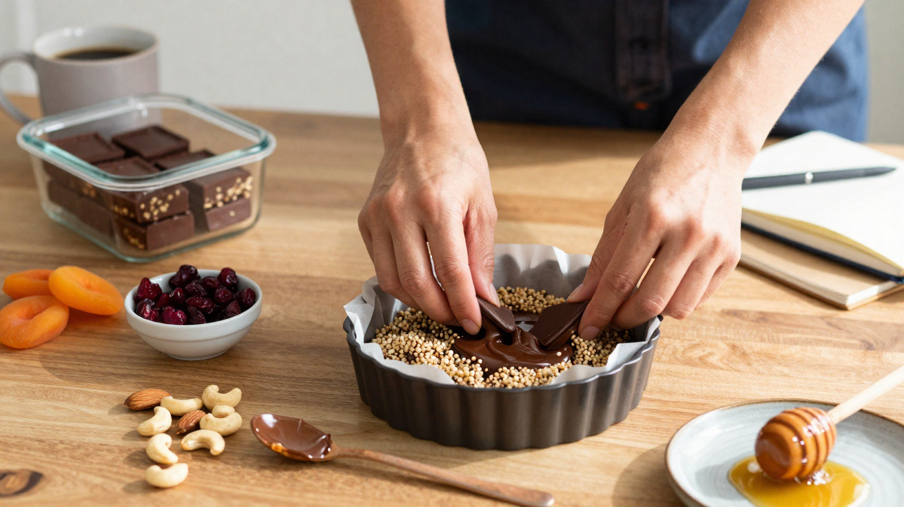 Mãos a colocar bolachas cobertas de chocolate numa forma com base de frutos secos e sementes numa mesa de madeira.